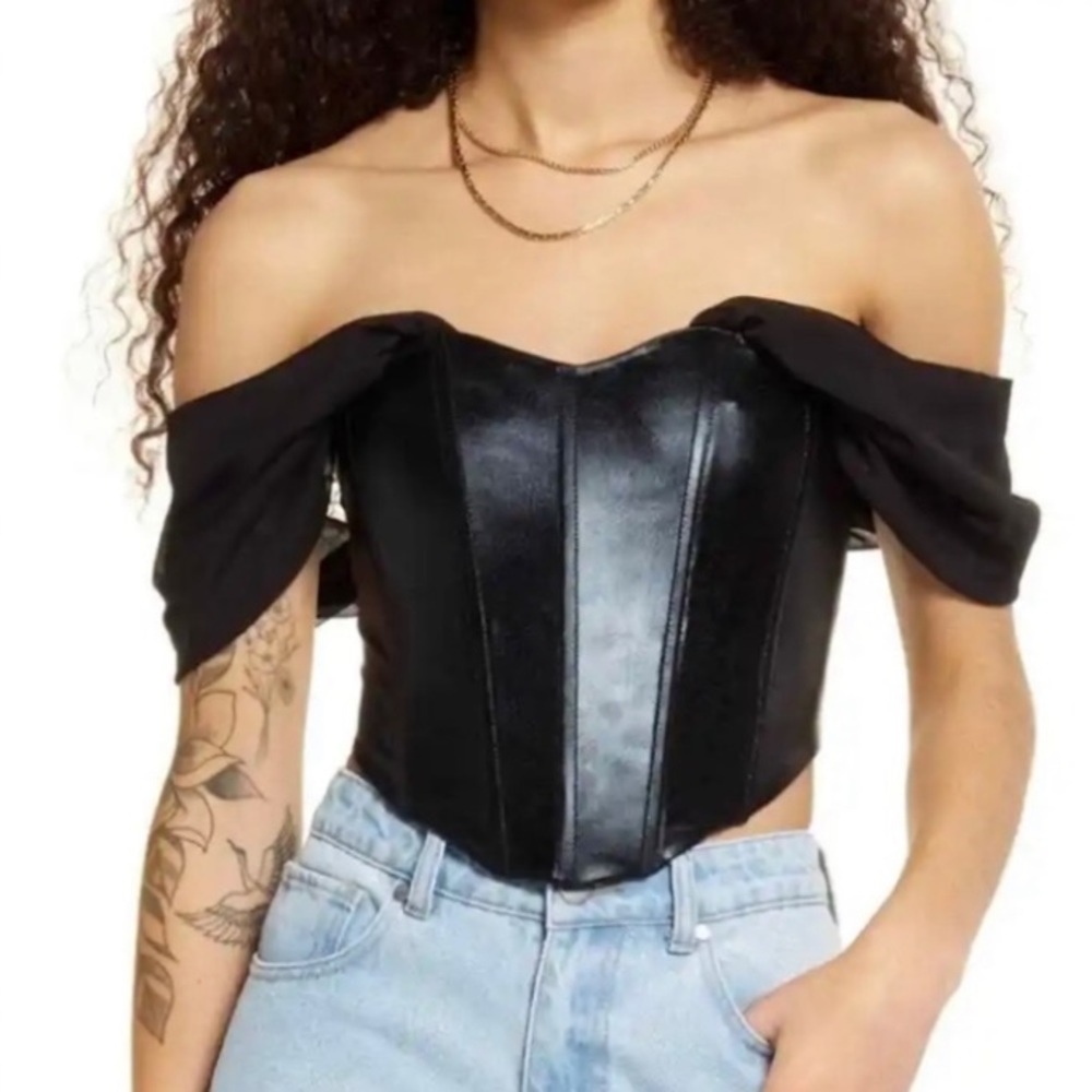 BP. Faux Leather Draped Off the Shoulder Corset Top in Black Size S